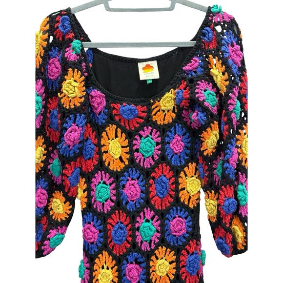 Farm Rio Crochet Knit Mini Dress Multicolor Floral Boho Festival Cotton S - Picture 6 of 12